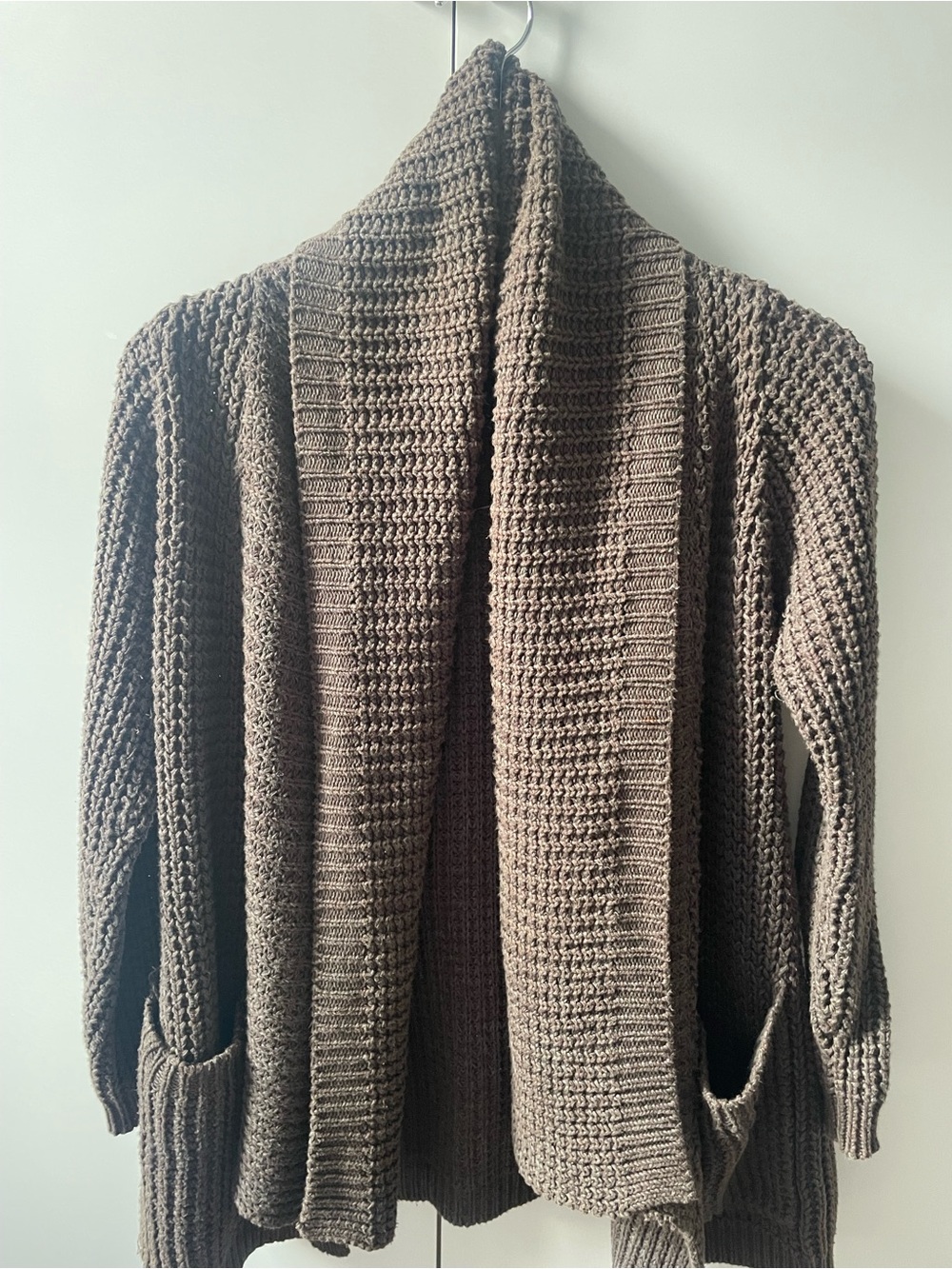 Open-Front Brown Knit Shawl Collar Cardigan